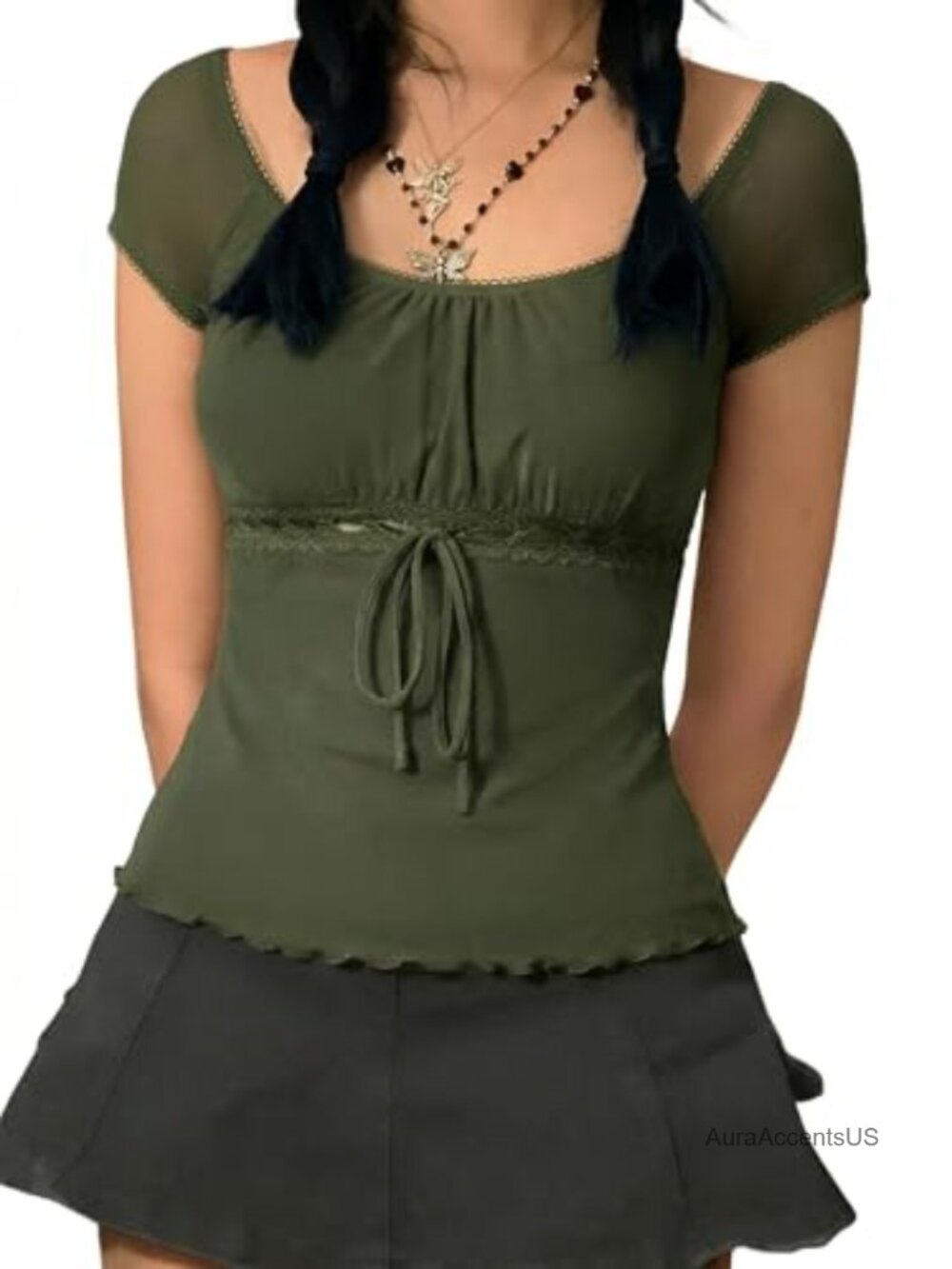 Y2K Mesh Babydoll Top Lace Trim Short Sleeve Sheer Stretchy Shirt